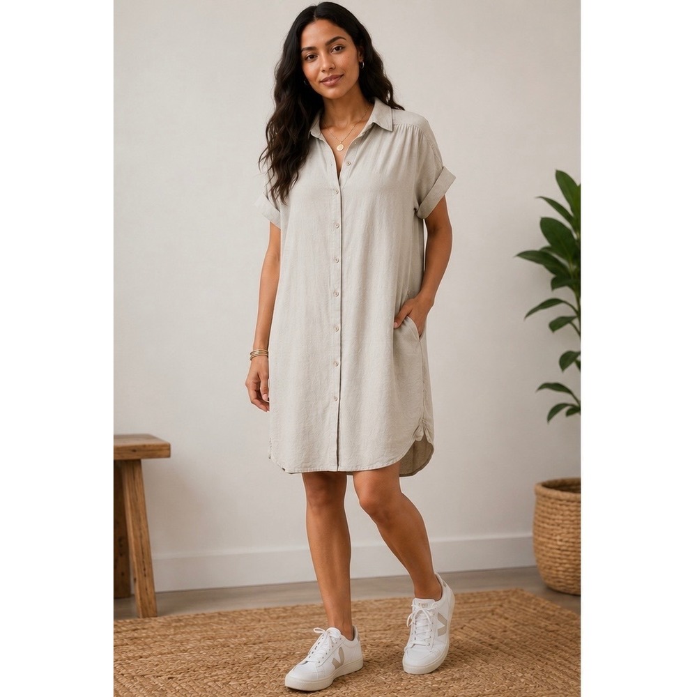 Well Worn Womens Linen Blend Button Down Shirt Dress Oatmeal Beige Large